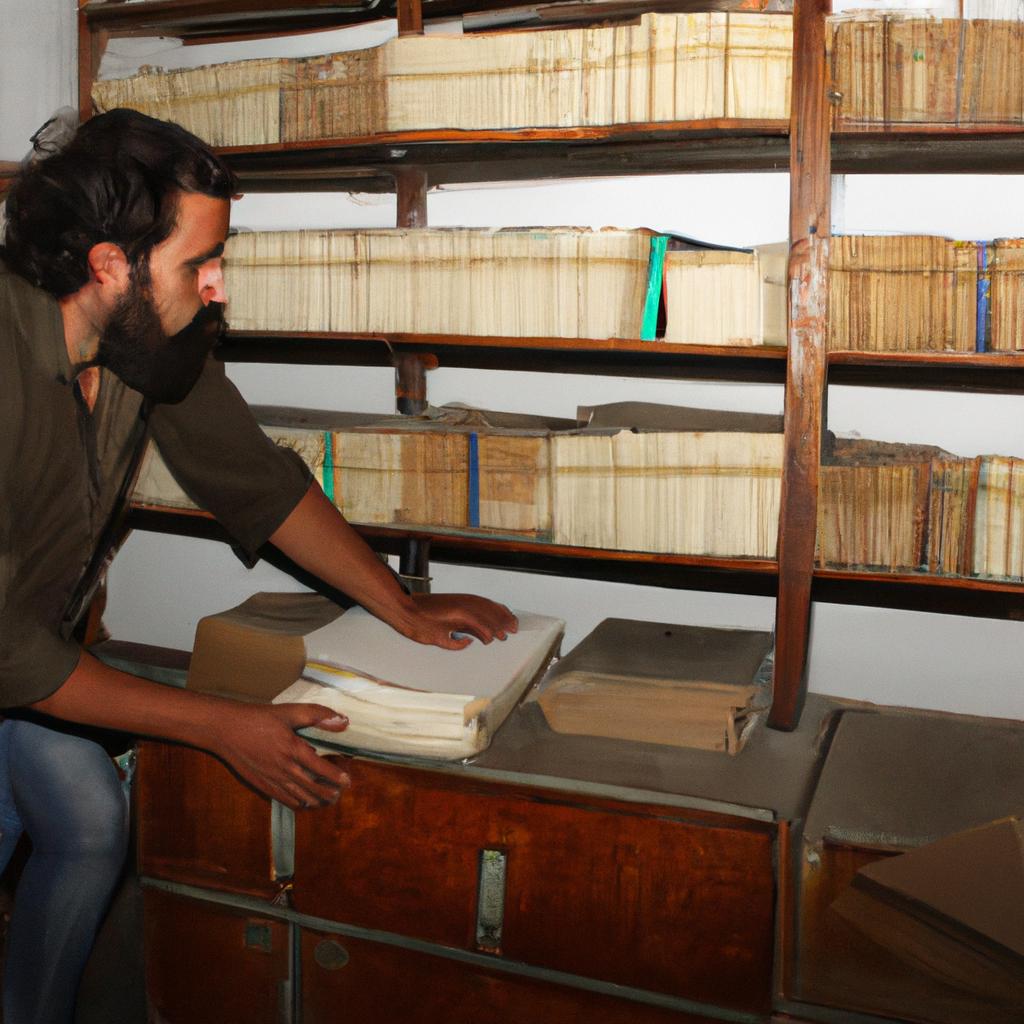 Person researching in village archives